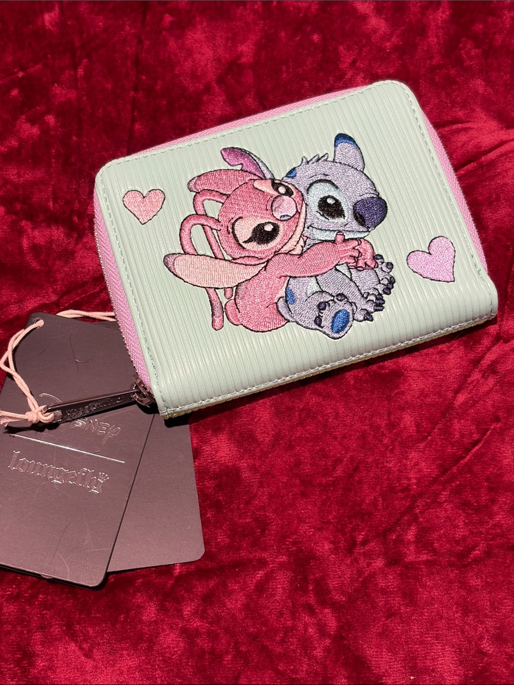 Loungefly Mint and Pink Stitch & Angel Embroidered Zip Wallet
